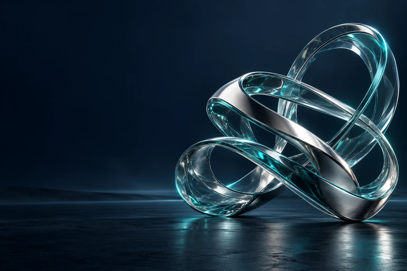 Interconnected glass and chrome ribbons with teal highlights
